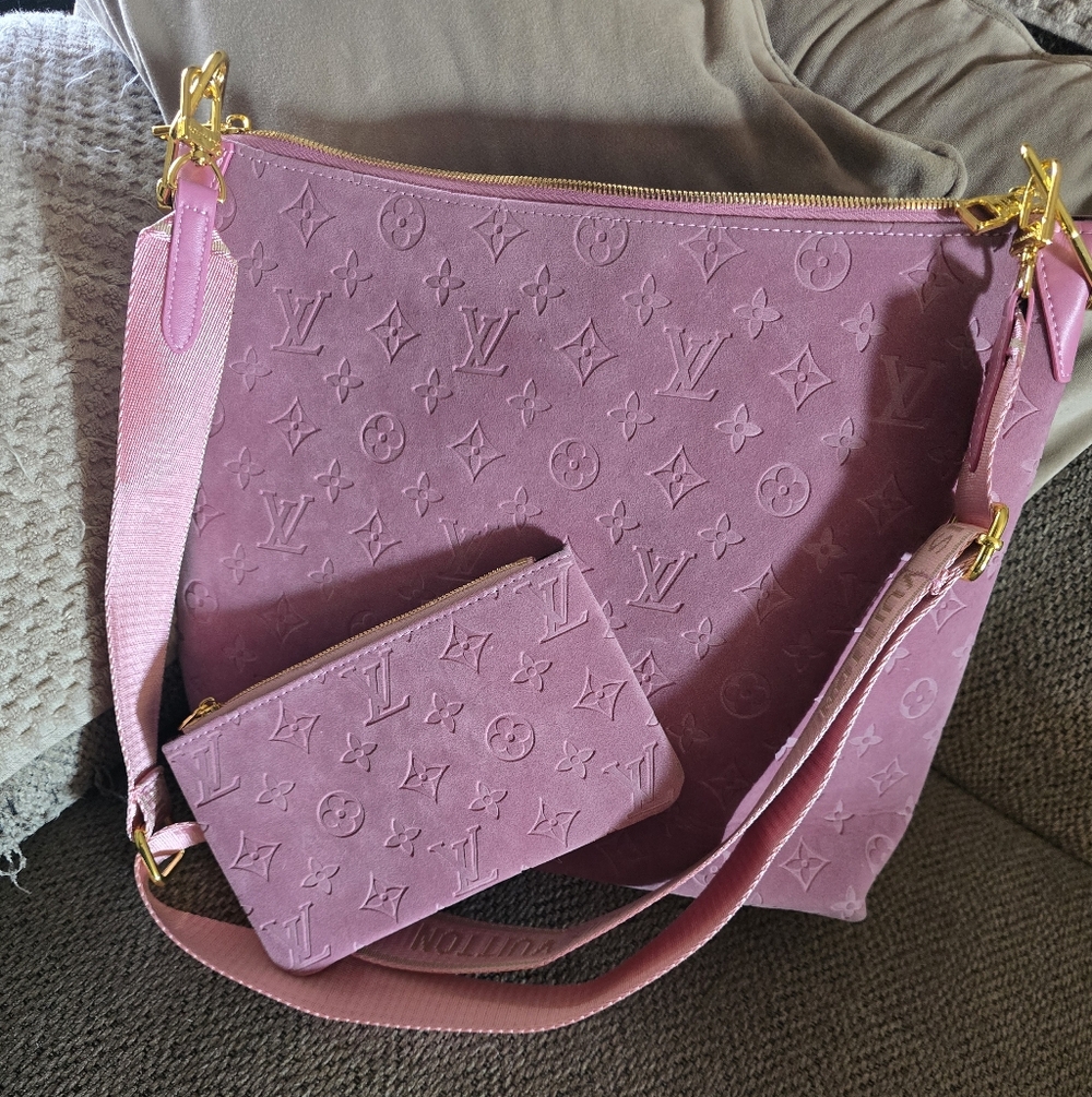 Pink Suede Shoulder Bag with Pouch
